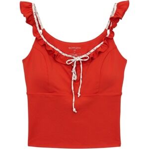 Blogilates Women's 1X Red Ruffle Tank Top Lace Up Floral Trim Activewear